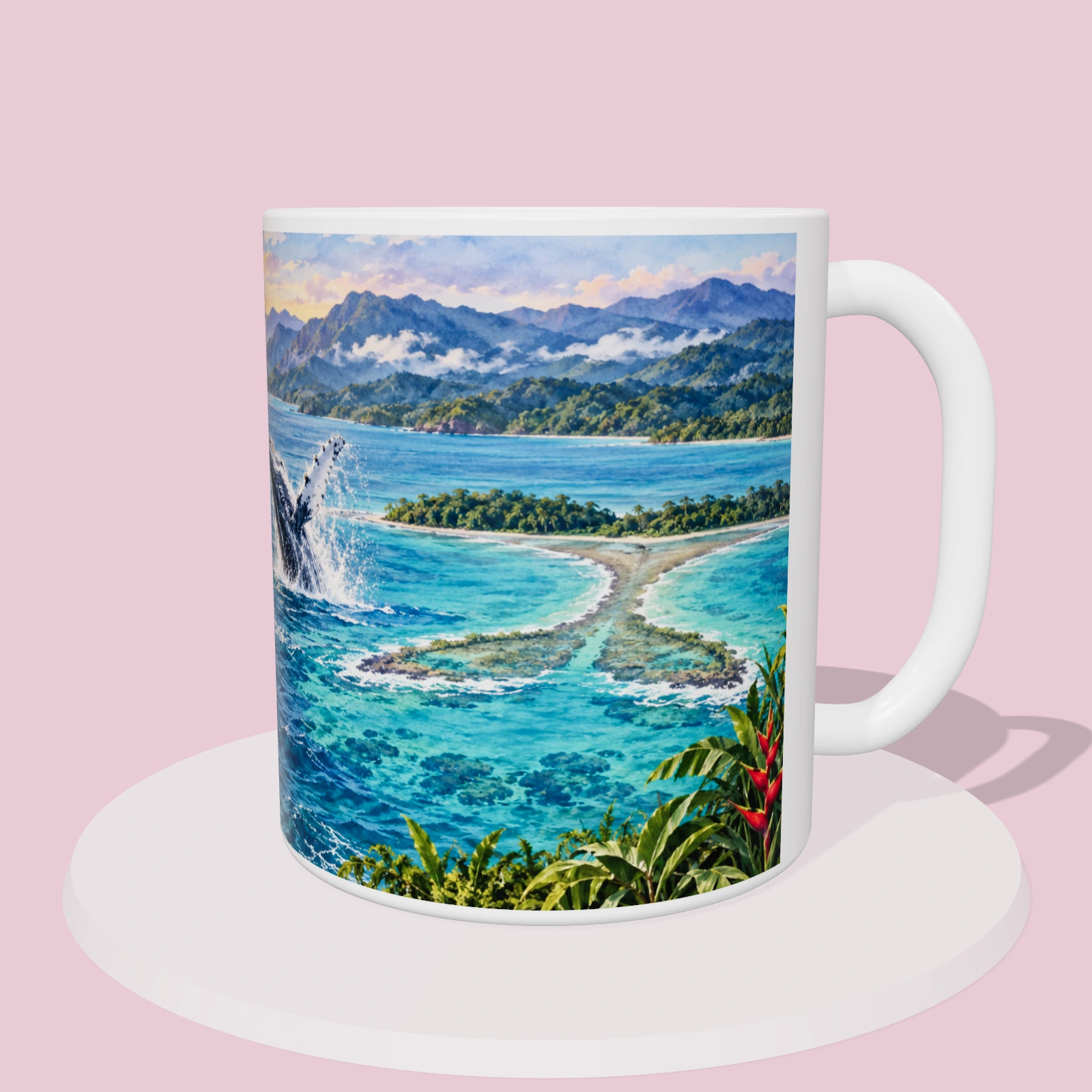 Taza de Costa Rica - Ballenas de Marino Ballena, vista 3D del diseño sublimado en la taza