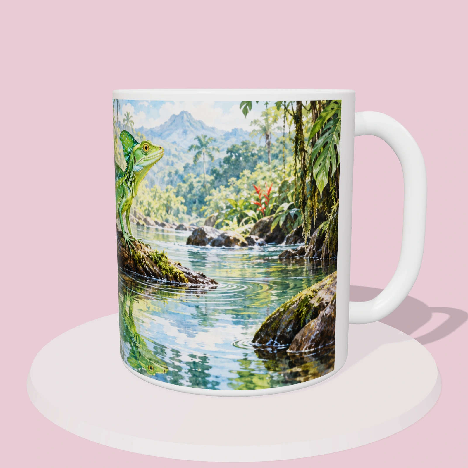 Taza de Costa Rica - Basilisco verde, vista 3D del diseño sublimado en la taza