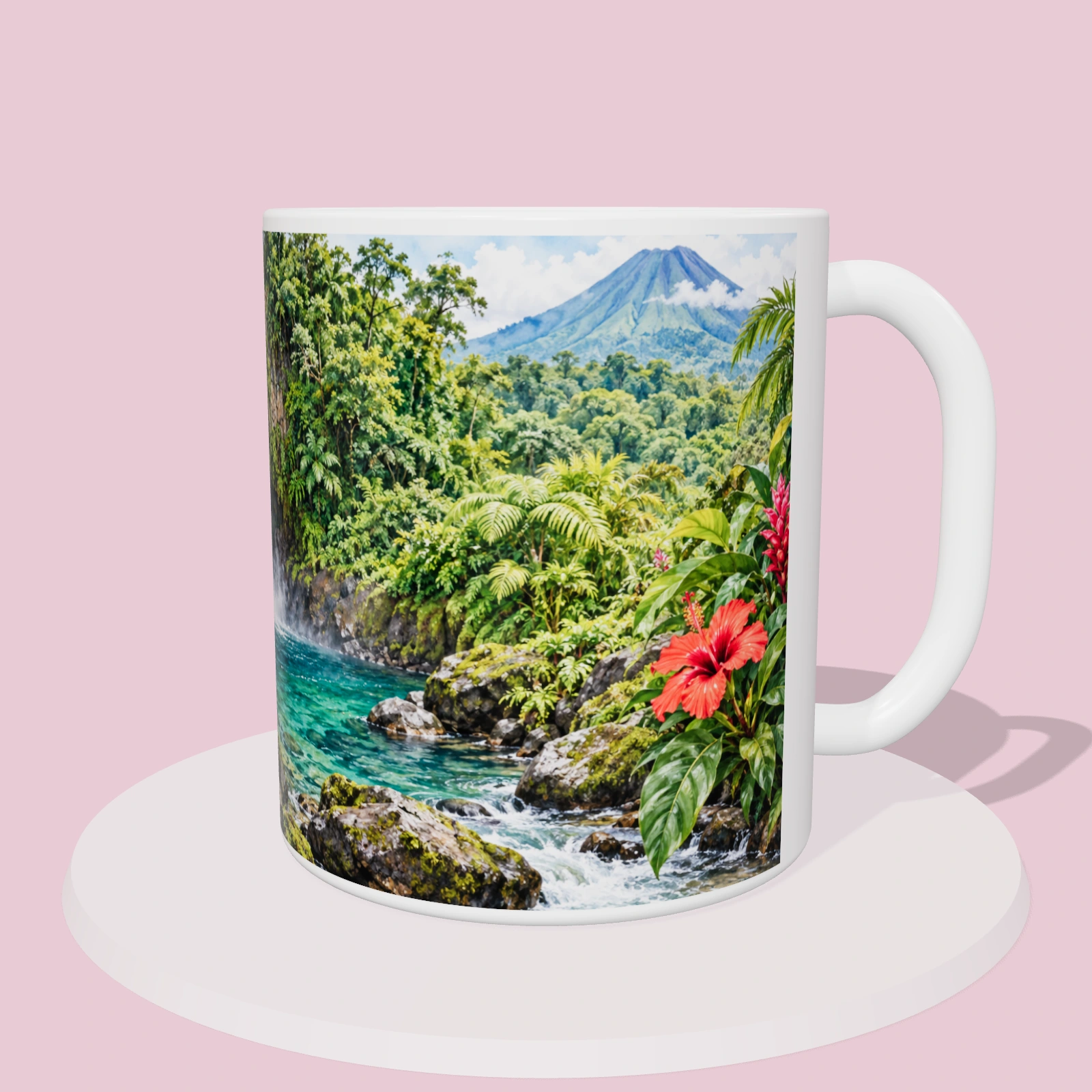 Taza de Costa Rica - Catarata La Fortuna, vista 3D del diseño sublimado en la taza