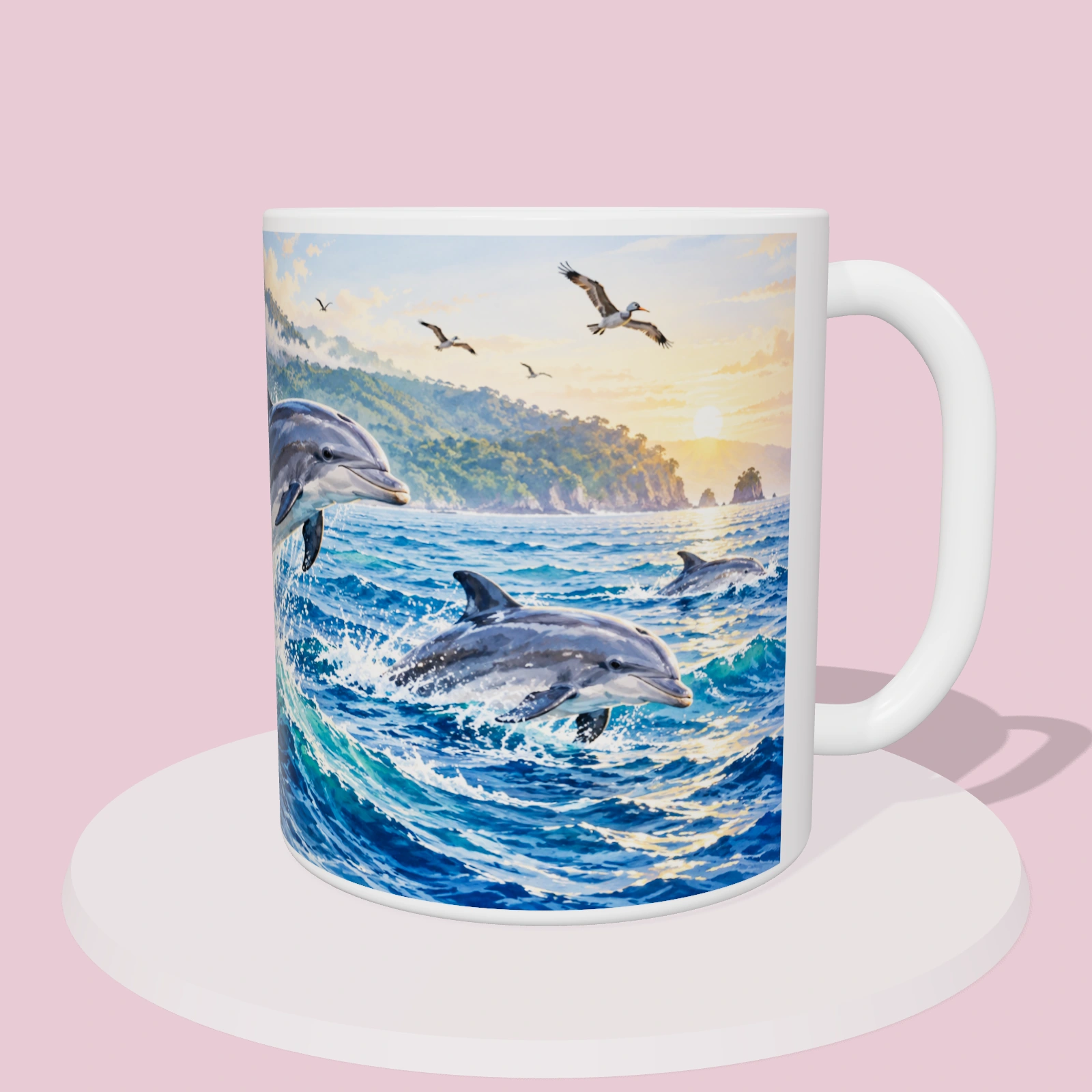 Taza de Costa Rica - Delfines del Pacífico de Osa, vista 3D del diseño sublimado en la taza