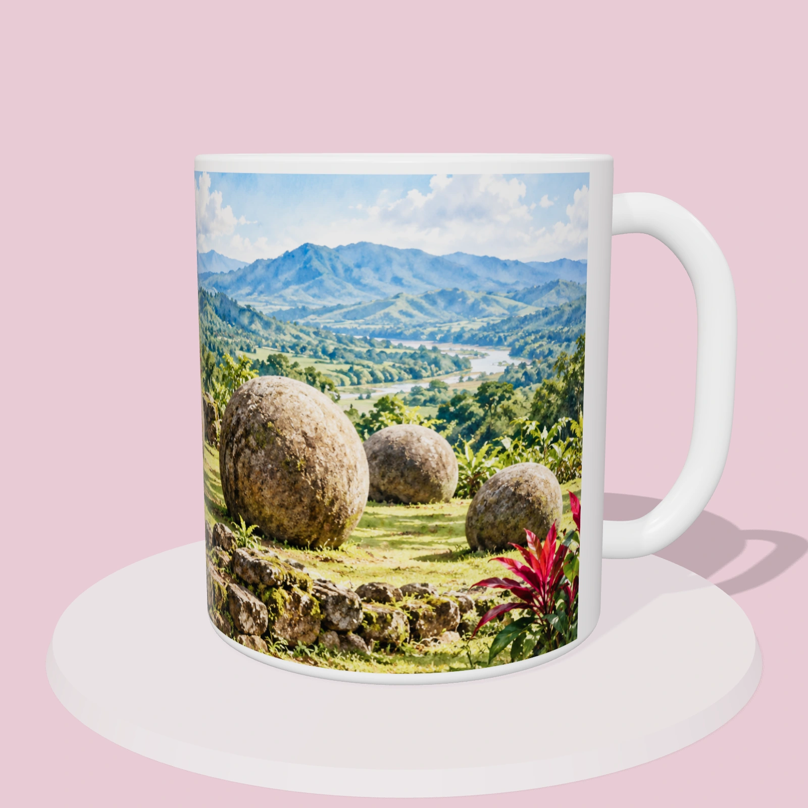Taza de Costa Rica - Esferas de piedra del Diquís, vista 3D del diseño sublimado en la taza