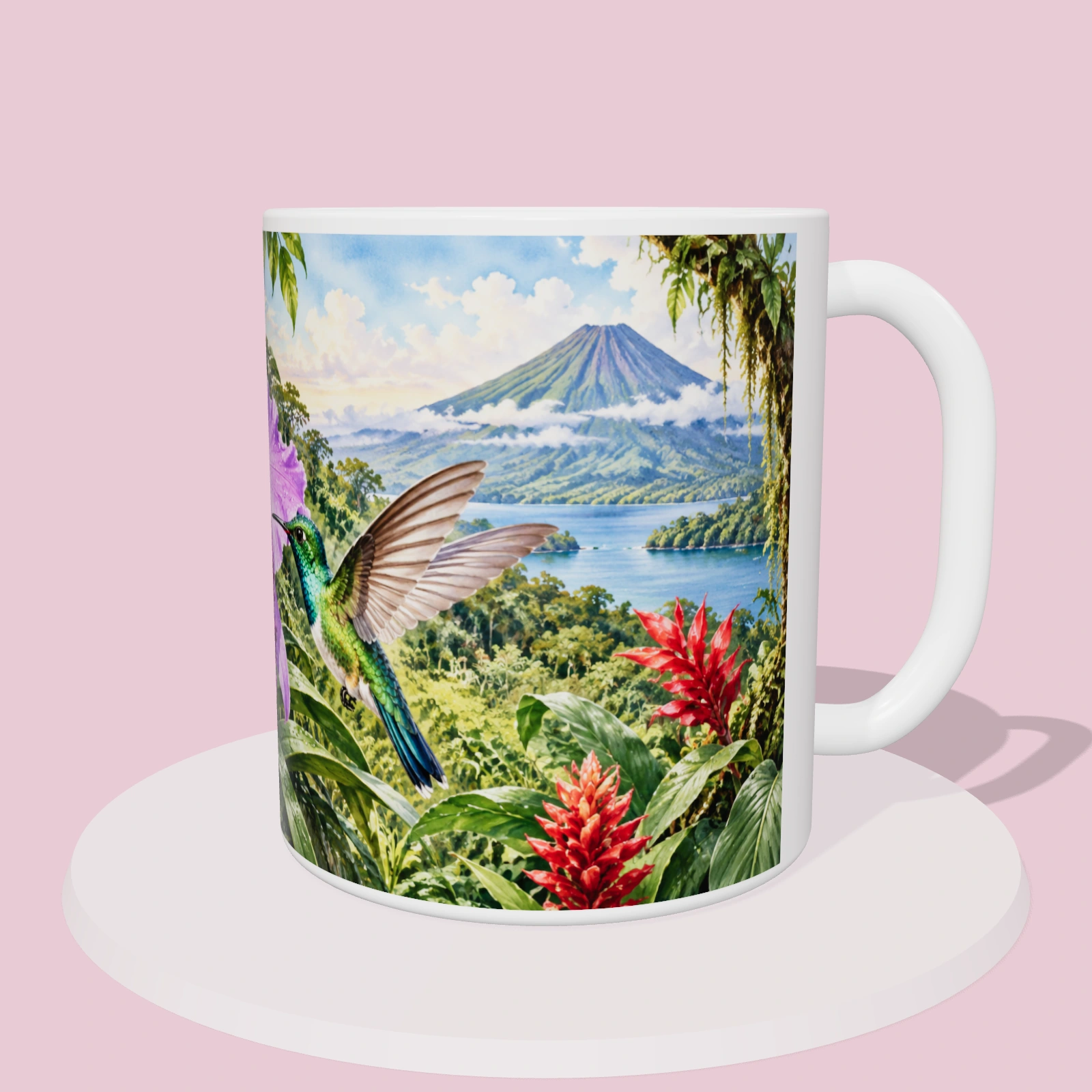 Taza de Costa Rica - Guaria morada y colibrí, vista 3D del diseño sublimado en la taza