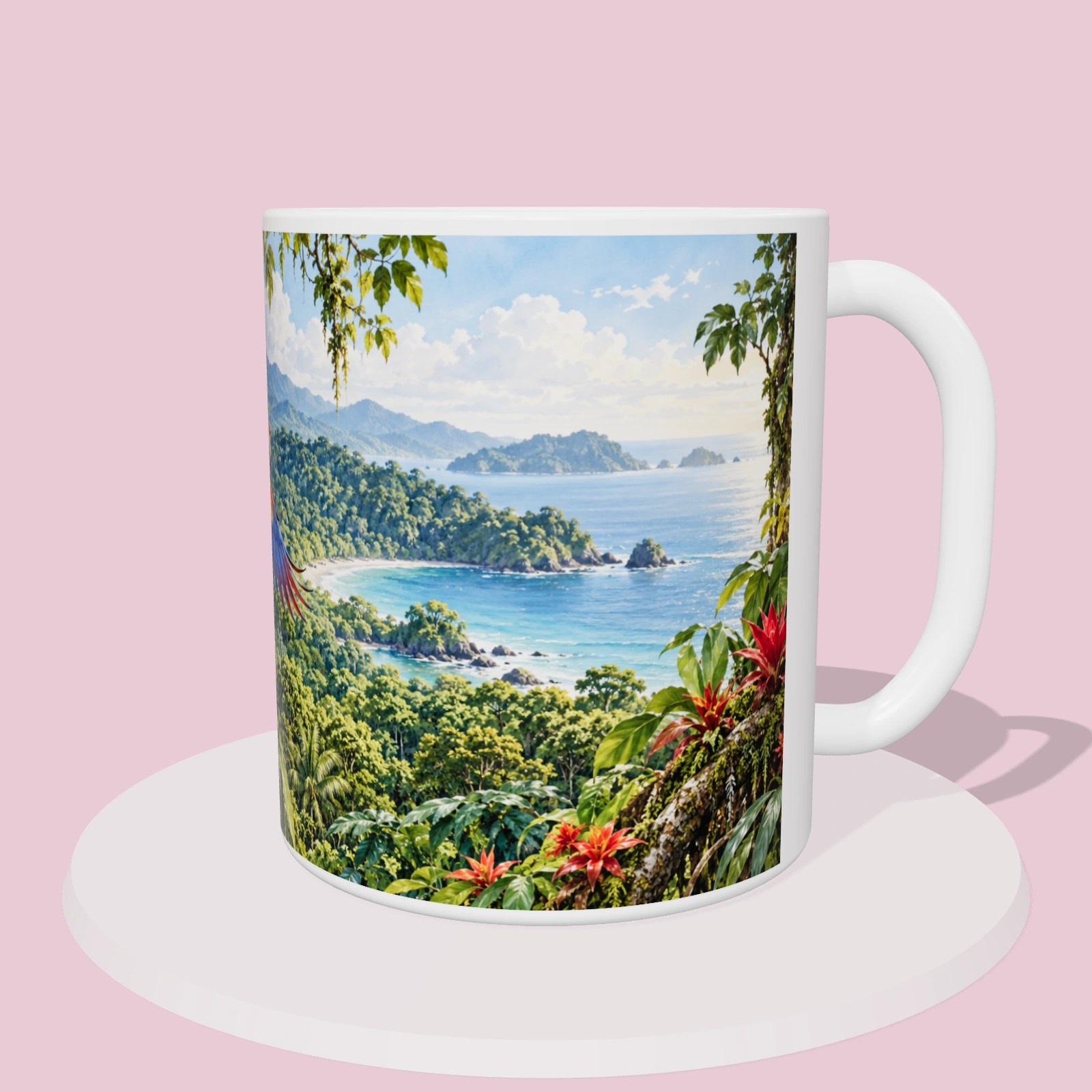 Taza de Costa Rica - Lapas rojas de Corcovado, vista 3D del diseño sublimado en la taza