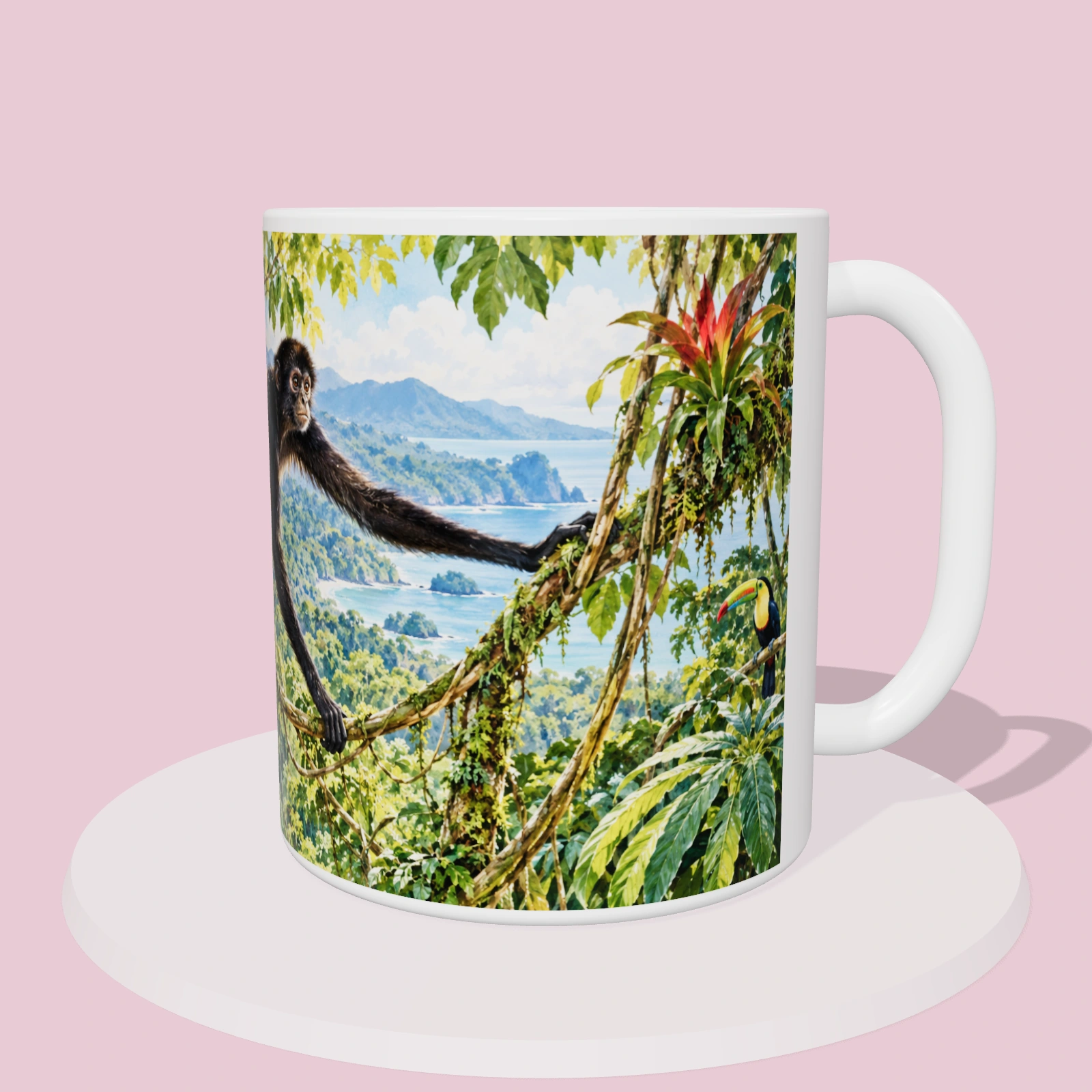 Taza de Costa Rica - Monos araña de Osa, vista 3D del diseño sublimado en la taza