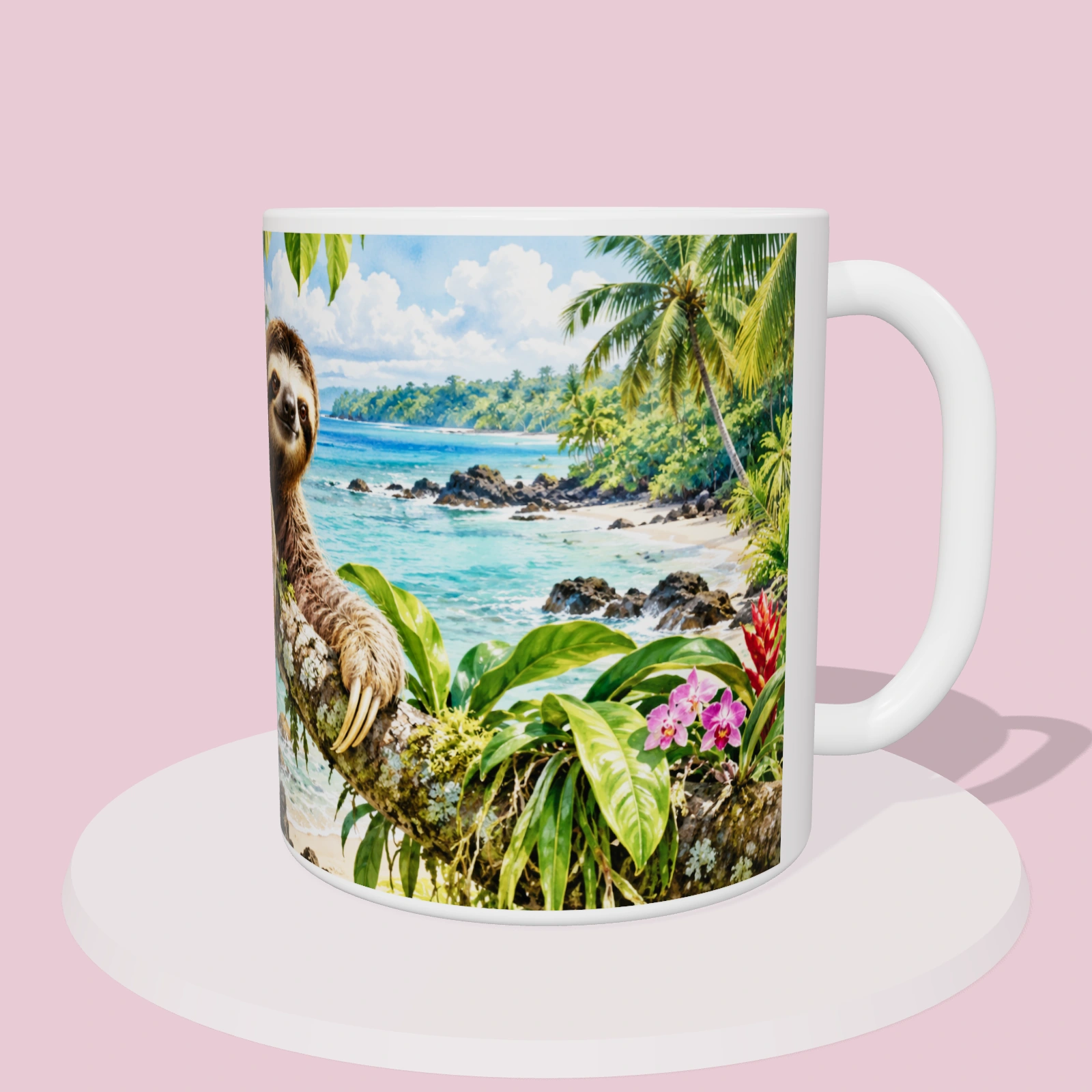 Taza de Costa Rica - Perezoso del Caribe, vista 3D del diseño sublimado en la taza