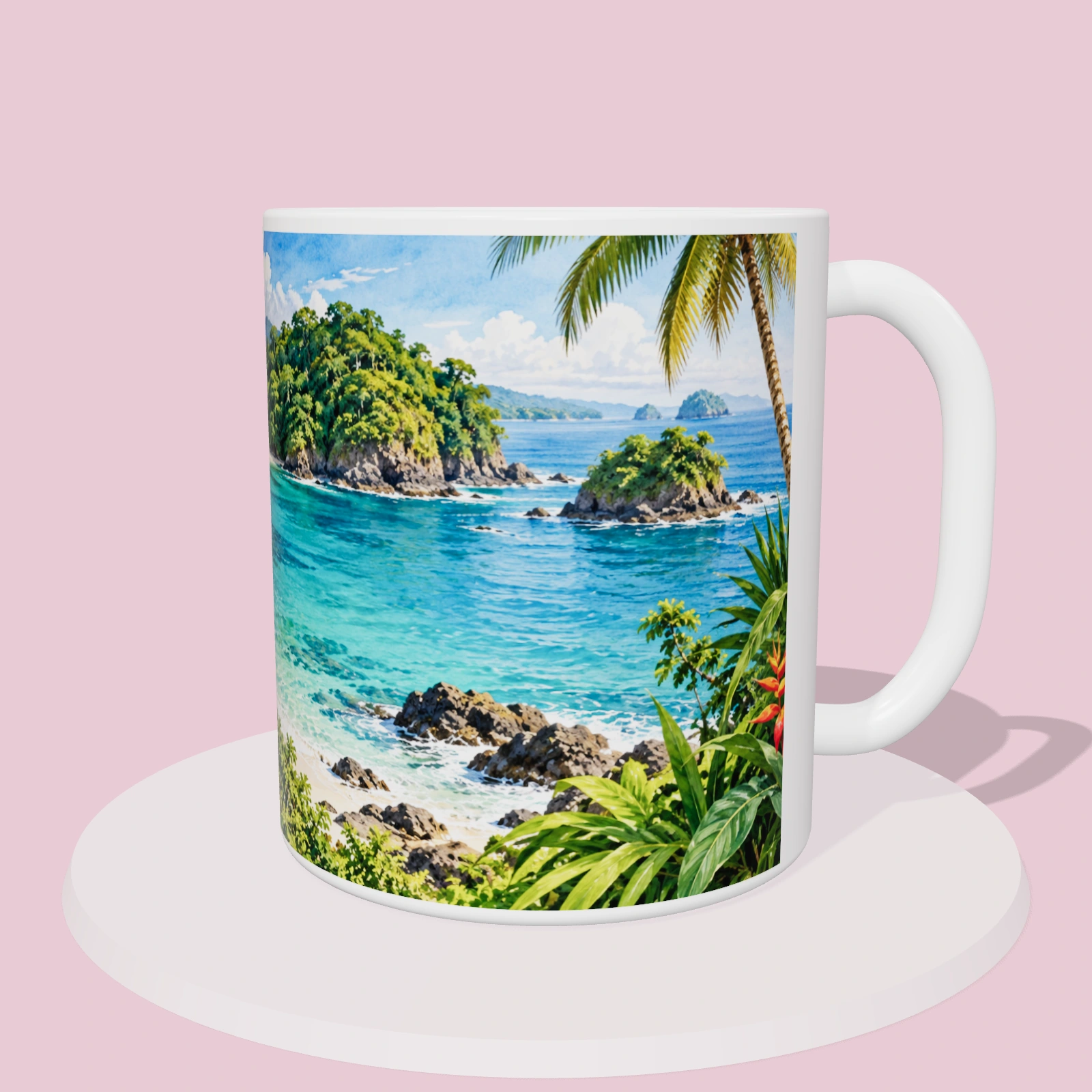 Taza de Costa Rica - Playa de Manuel Antonio, vista 3D del diseño sublimado en la taza