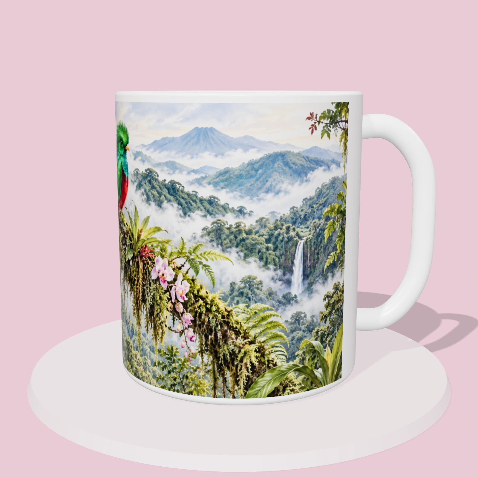 Taza de Costa Rica - Quetzal de Monteverde, vista 3D del diseño sublimado en la taza
