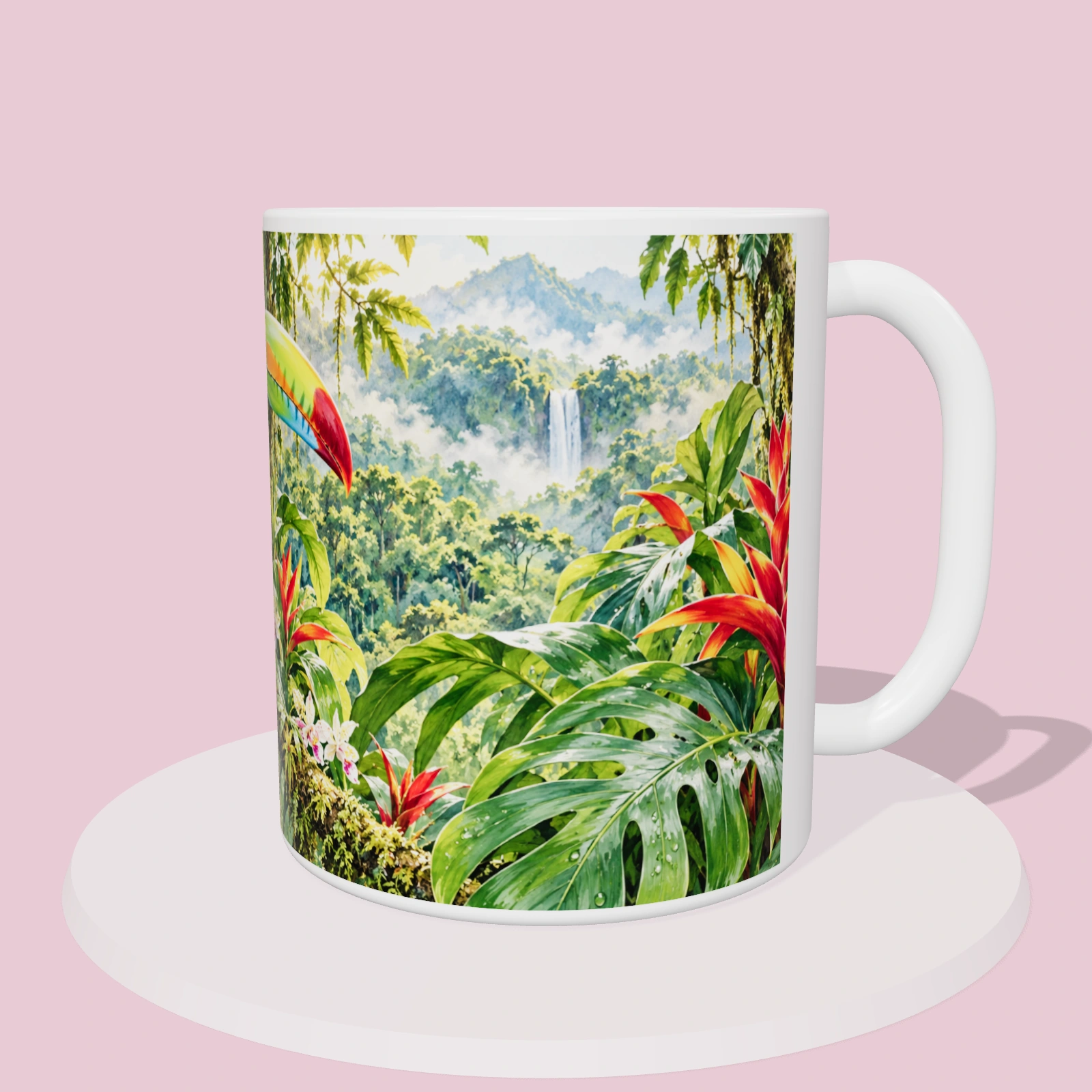 Taza de Costa Rica - Tucán del bosque nuboso, vista 3D del diseño sublimado en la taza