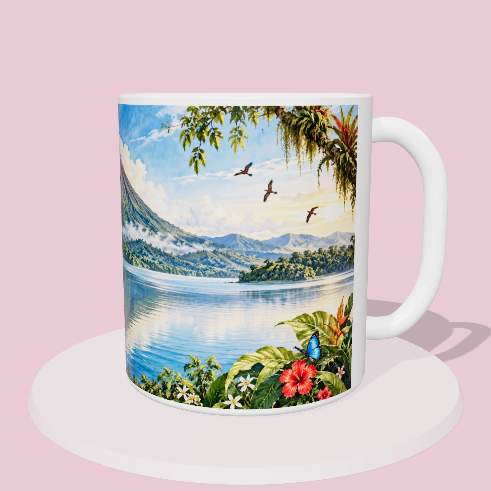 Taza de Costa Rica - Volcán Arenal y lago, vista 3D del diseño sublimado en la taza